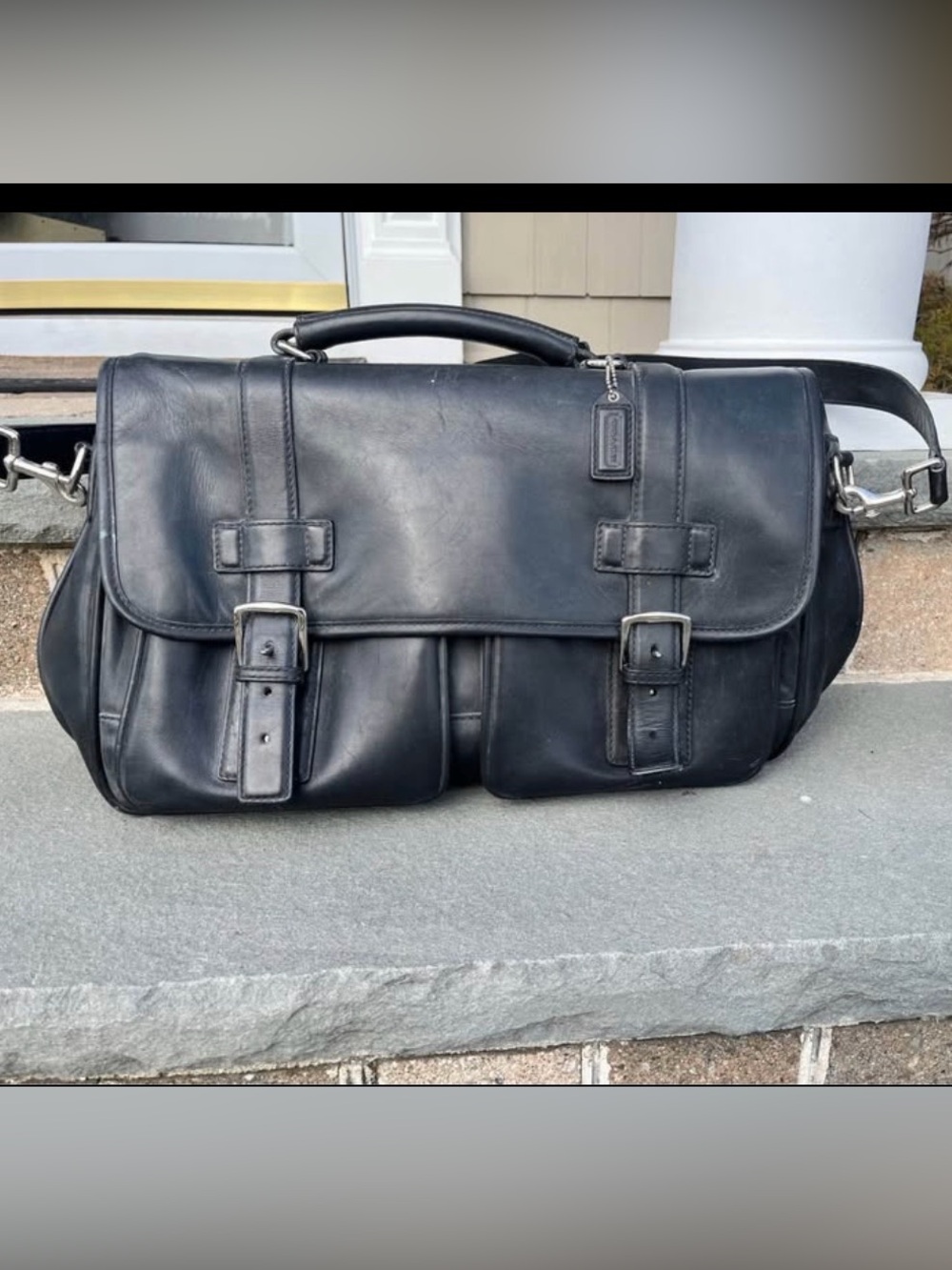 Coach Black Leather Messenger Bag with Buckle Front
